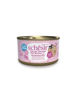 Alimento húmedo para gatitos pequeños tipo filetes, receta de pollo con hígado, de la marca schesir