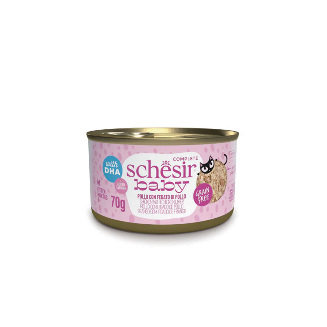 Schesir-Baby-Filetes-de-Pollo-con-Hígado Alimento húmedo para gatitos pequeños tipo filetes, receta de pollo con hígado, de la marca schesir