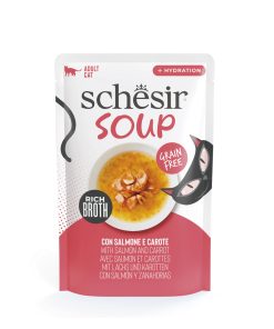 Schesir Sopa de Salmón Rosado con Zanahoria, alimento húmedo complementario para gatos