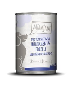 PELUCHOS-MASCOTAS-MJAMJAM-DÚO-DE-JUGOSO-POLLO-Y-TRUCHA-SOBRE-CALBACÍN-AL-VAPOR