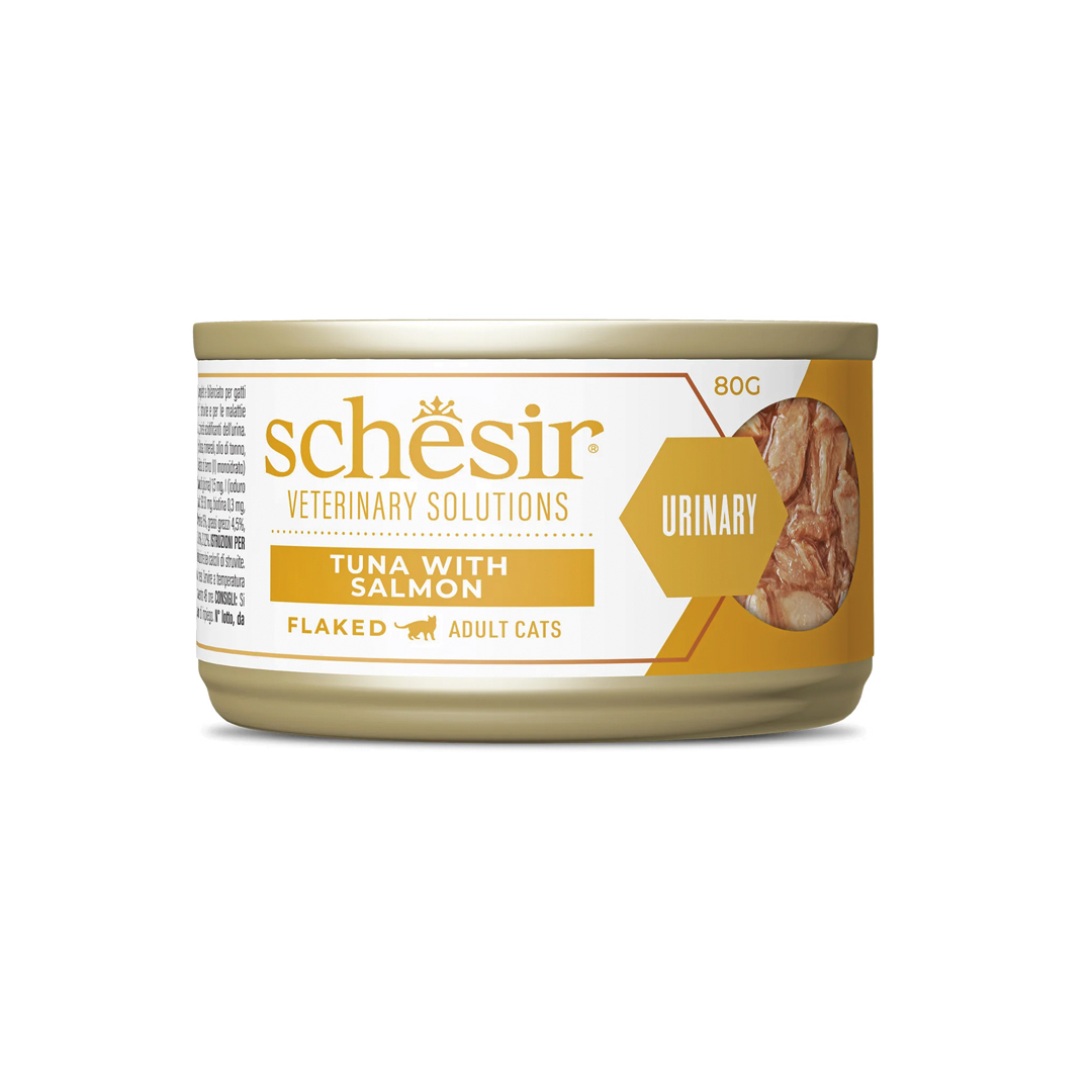 Schesir-Veterinary-Solution-Urinary-Filetes-de-Atún-con-Salmón receta veterinaria para gatos con problemas urinarios de la marca Schesir, receta de filetes de atún con salmón en caldo