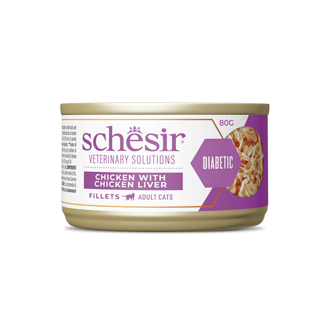 Schesir-Veterinary-Solutions-Diabetic-Filetes-de-Pollo Receta veterinaria para gatos con diabetes de la marca schesir, receta de filetes de pollo con hígado de pollo en caldo