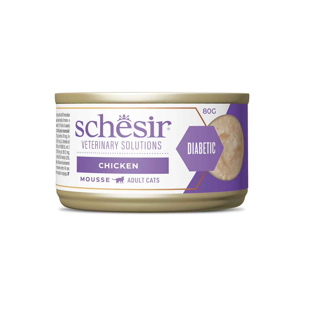 Schesir-Veterinary-Solutions-Diabetic-Mousse-de-Pollo Receta veterinaria para gatos con diabetes de la marca schesir, receta de mousse de pollo