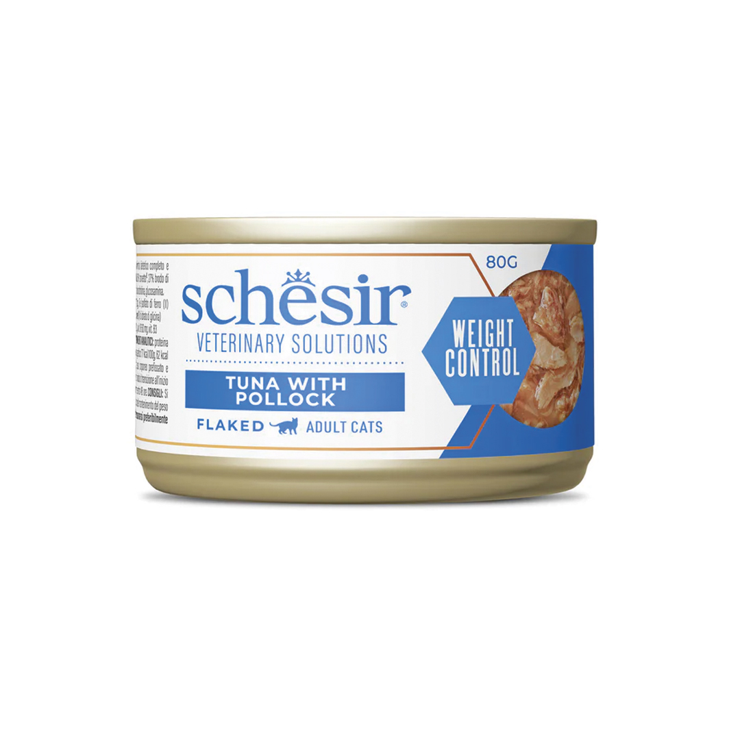 Schesir-Veterinary-Solutions-Weight-Control-Filetes-de-Atún-con-Abadejo receta veterinaria para gatos con problemas de control de peso u obesidad, receta de filetes de atún con abadejo de la marca schesir