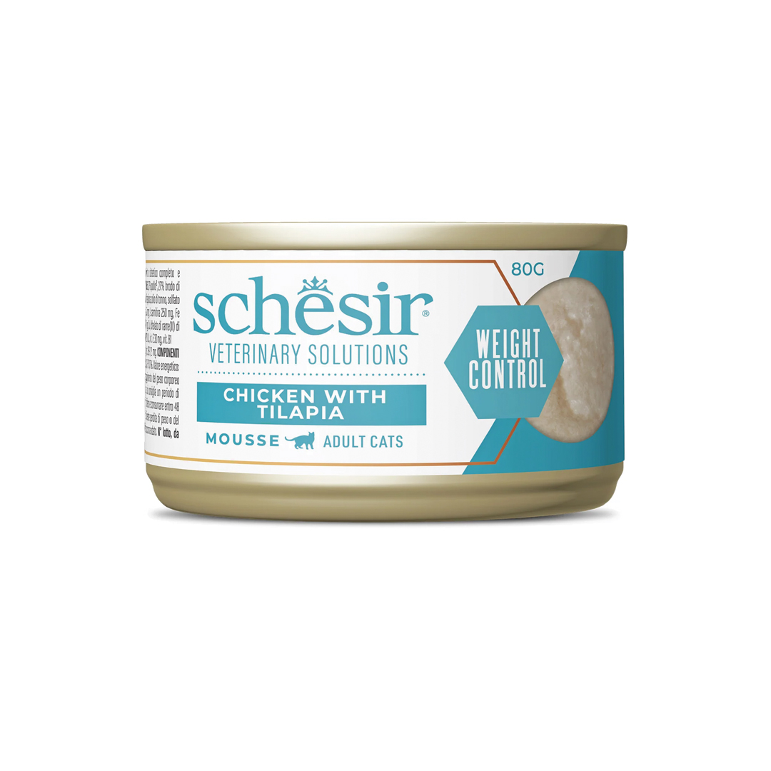 Schesir-Veterinary-Solutions-Weight-Control-Mousse-de-Pollo receta veterinaria para gatos con problemas de control de peso u obesidad, receta de mousse de pollo con tilapia de la marca schesir