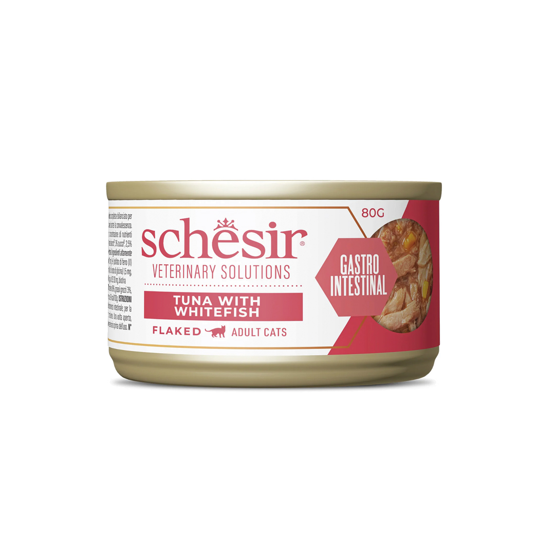 Schesir-Veterinary-solution-Gastrointestinal-Filetes-de-atún Receta veterinaria gastrointestinal para gatos de la marca Schesir, receta de filetes de atún con pescado blanco en caldo
